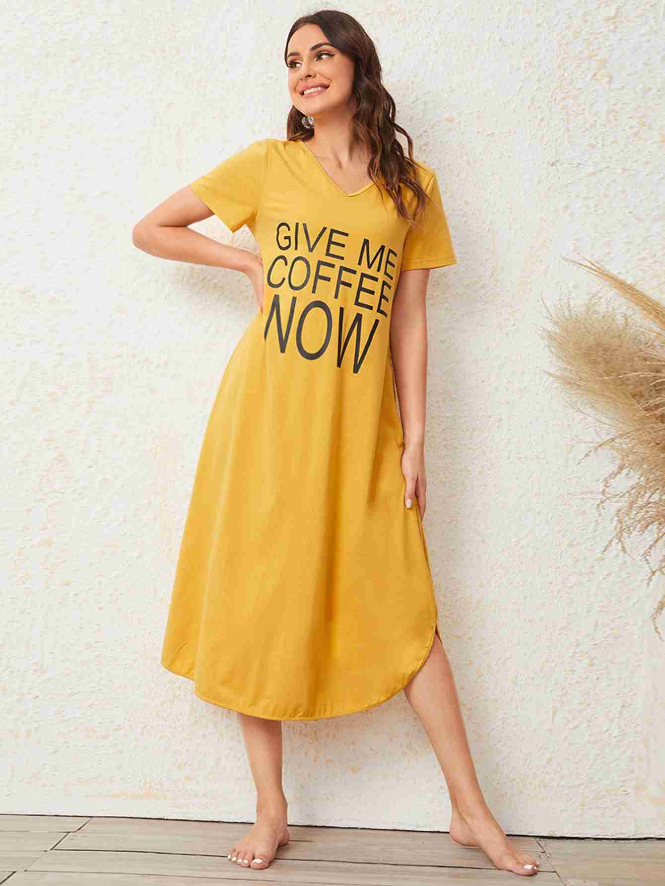 Give Me Coffee Print Night Dress _ Yellow