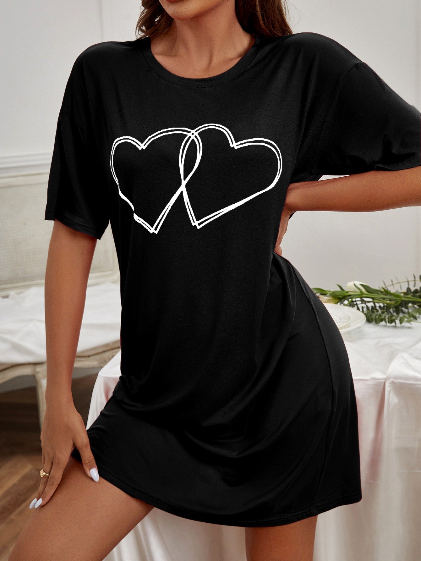 Hearts Print Night Dress _ Black