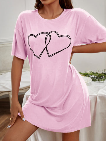 Hearts Print Night Dress _ Pink