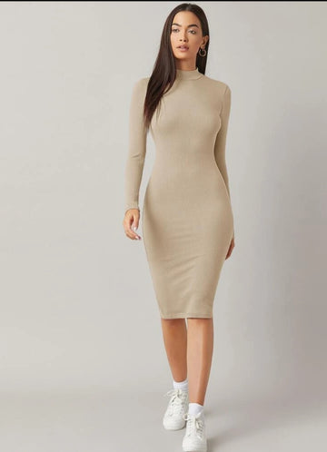 High Neck Form Fitted Dress_ Beige