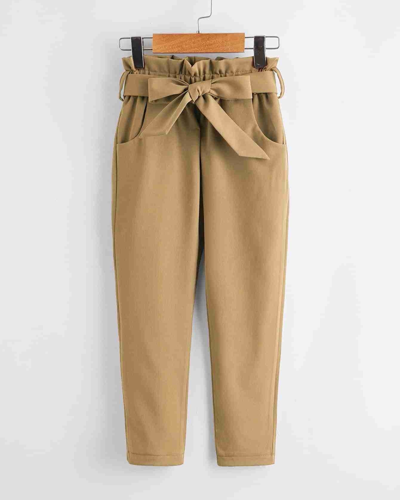 Paperbag High Waist Belted Pant - Khaki