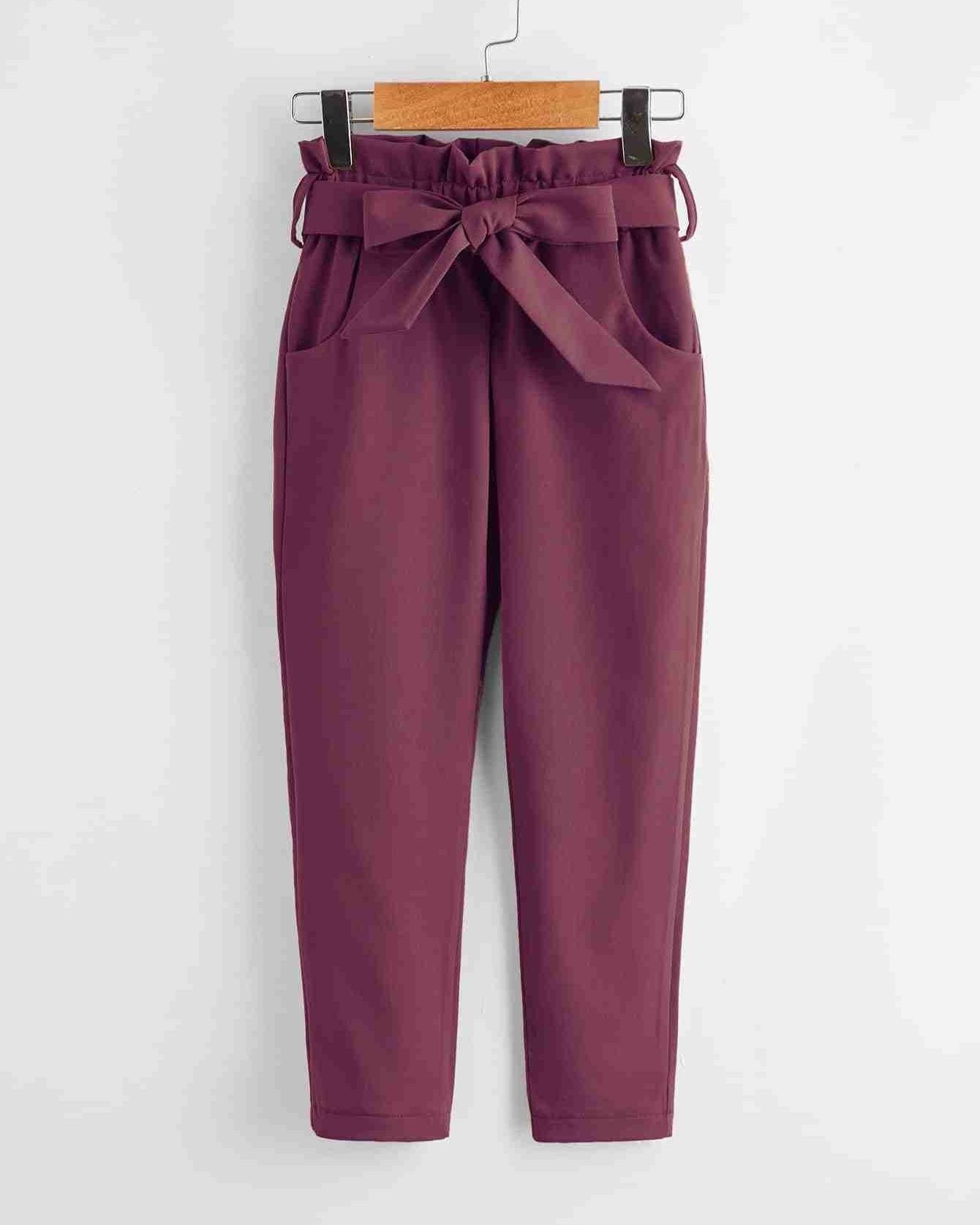 Paperbag High Waist Belted Pant - Plum