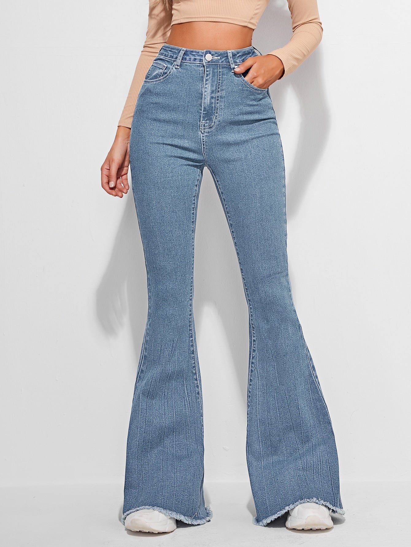 High_Rise Raw Hem Flare Jeans_ Light Blue