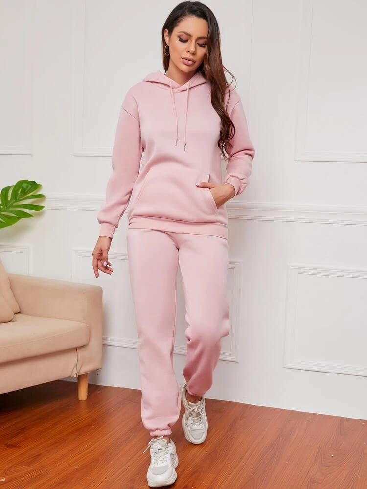 Kangaroo Pocket Drop Shoulder Drawstring Tracksuit-Baby Pink