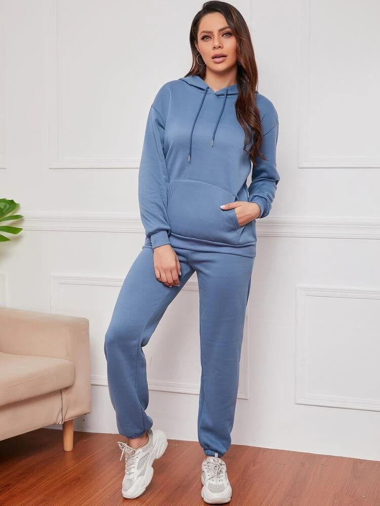 Kangaroo Pocket Drop Shoulder Drawstring Tracksuit-Dusty Blue