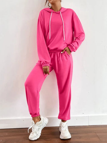 Kangaroo Pocket Drop Shoulder Drawstring Tracksuit-Hot Pink