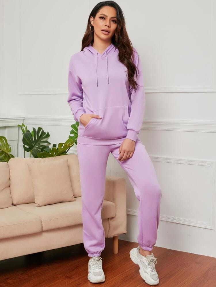 Kangaroo Pocket Drop Shoulder Drawstring Tracksuit-Lilac Purple