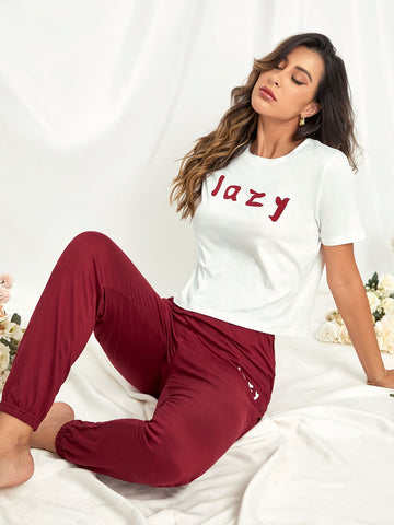 Lazy Print PJ Set_White Maroon
