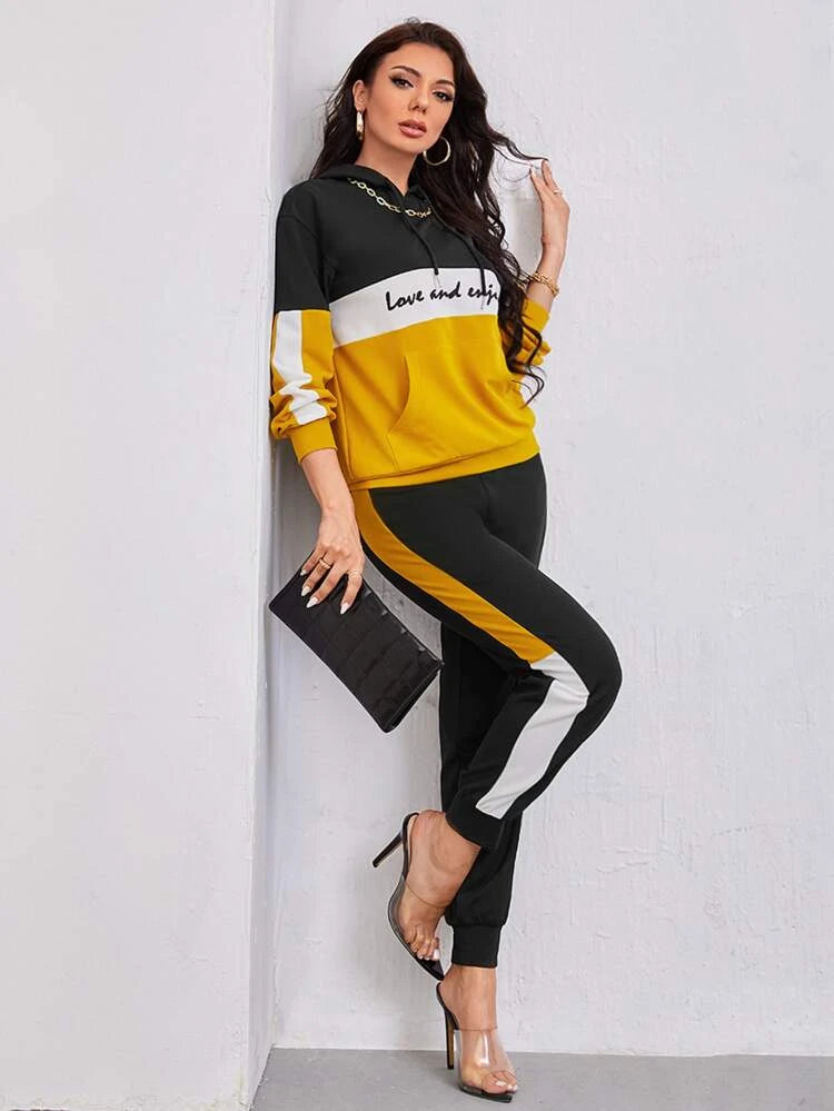 Letter Graphic Colorblock Drop Shoulder Tracksuit-Yellow