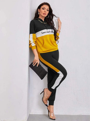 Letter Graphic Colorblock Drop Shoulder Tracksuit-Yellow