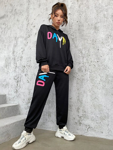 Letter Graphic Plain Colour Drop Shoulder Tracksuit-Black