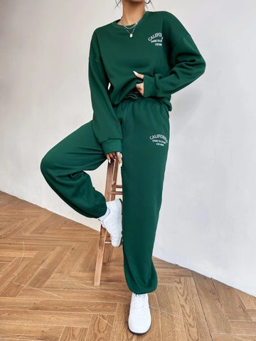 Letter Graphic Plain Colour Drop Shoulder Tracksuit -Dark Green