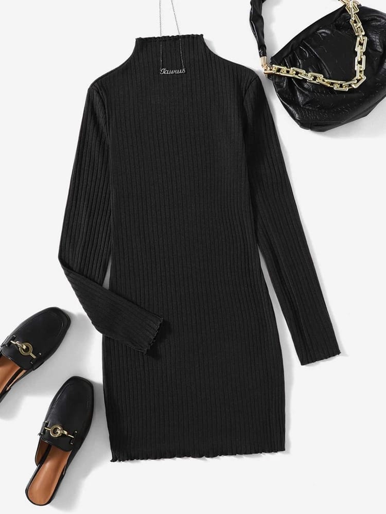 Mock Neck Bodycon Ribbed Dress _ Black