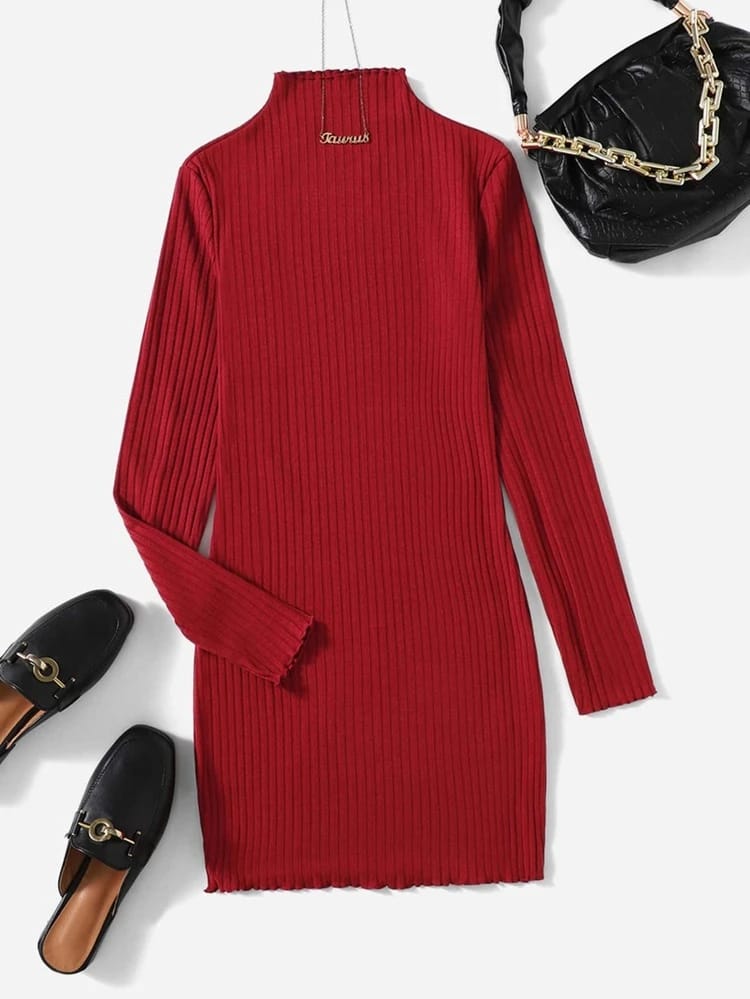 Mock Neck Bodycon Ribbed Dress _ Red