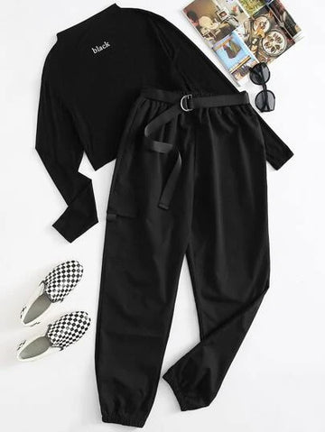 Mock Neck Letter Graphic Tee & Belted Cargo Pants-Black-Black