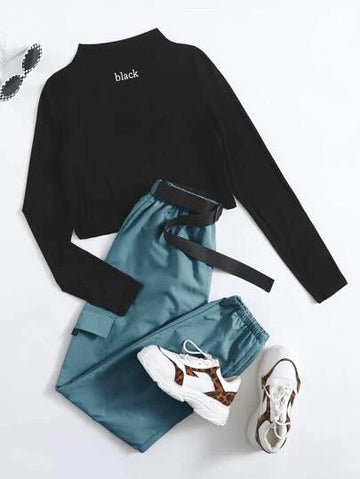 Mock Neck Letter Graphic Tee & Belted Cargo Pants-Black-Blue Green