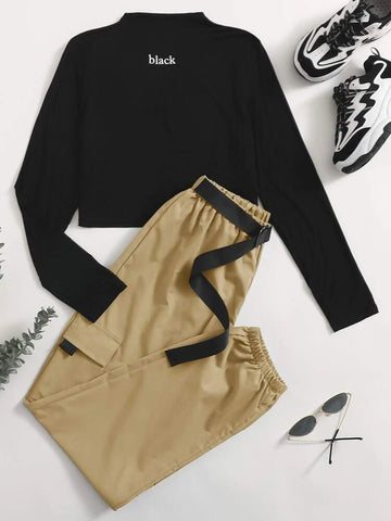 Mock Neck Letter Graphic Tee & Belted Cargo Pants-Black-Khaki
