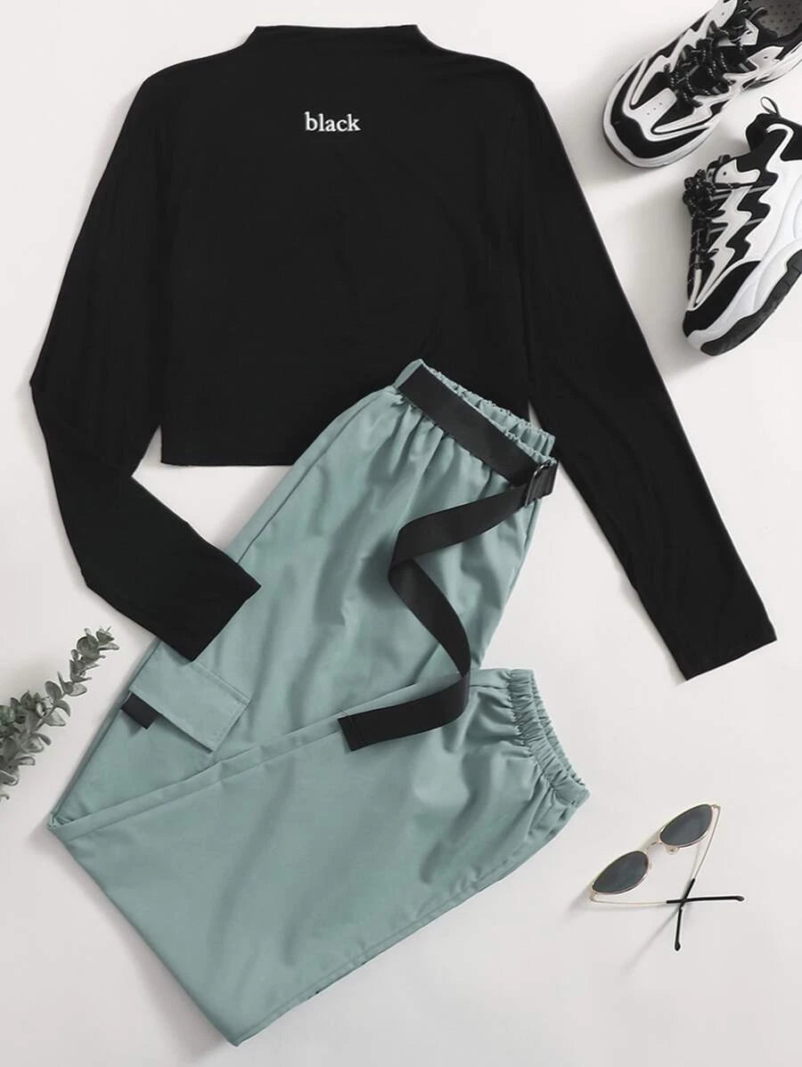 Mock Neck Letter Graphic Tee & Belted Cargo Pants-Black-Mint Green