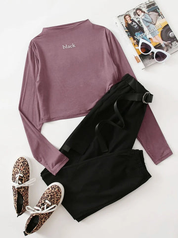 Mock Neck Letter Graphic Tee & Belted Cargo Pants-Black-Multicolour