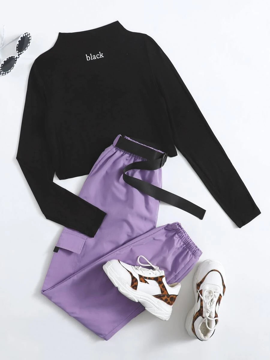 Mock Neck Letter Graphic Tee & Belted Cargo Pants-Black-Purple