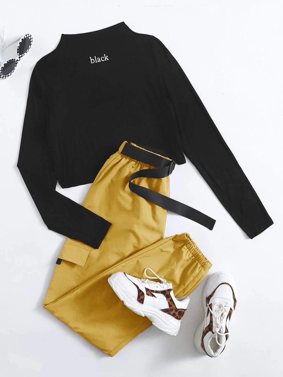 Mock Neck Letter Graphic Tee & Belted Cargo Pants-Black-Skin
