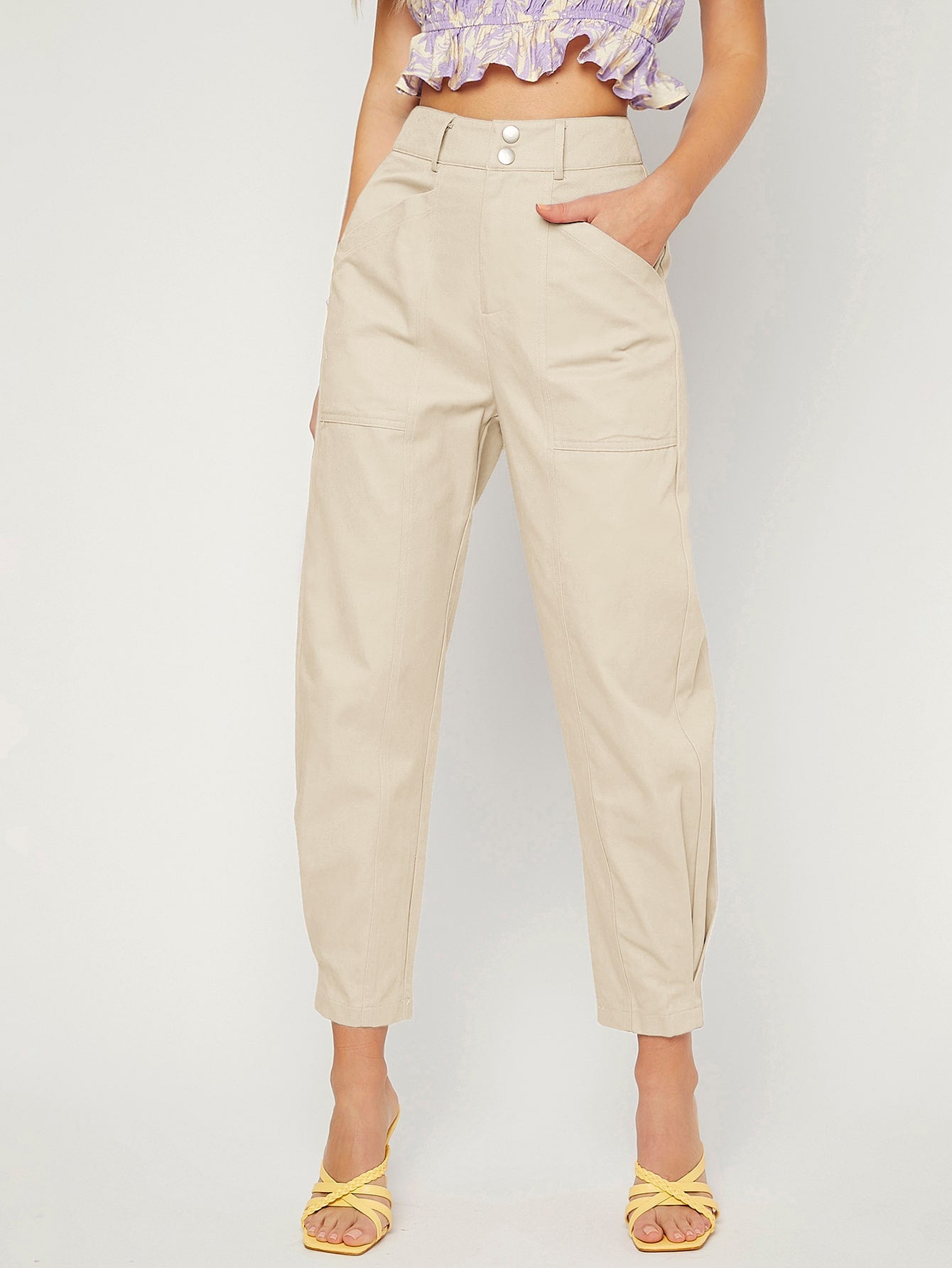 High Waist Flap Pocket Joggers Jeans_Off White