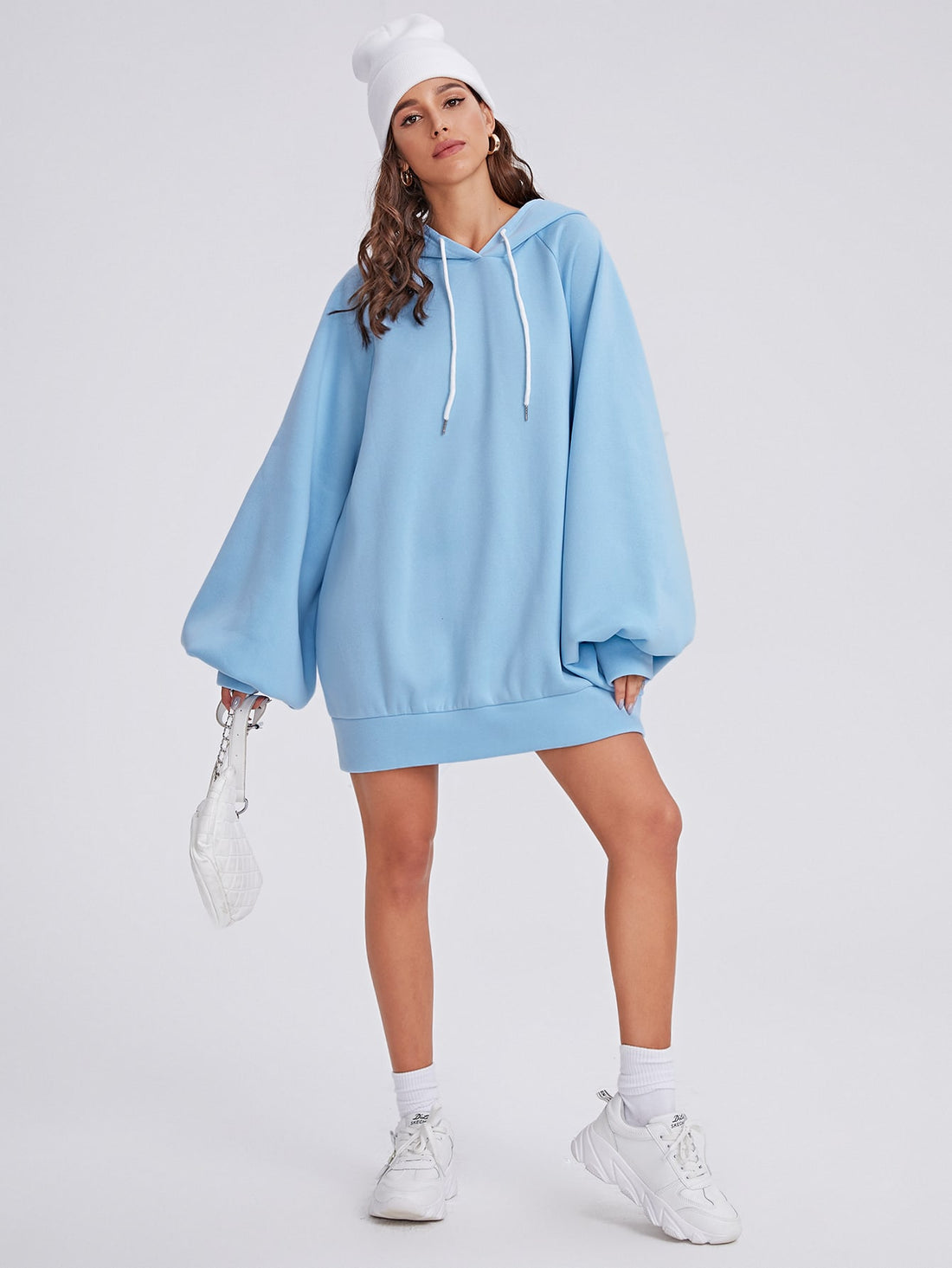 Puff Sleeves Long Hoddie _ Dusty Blue