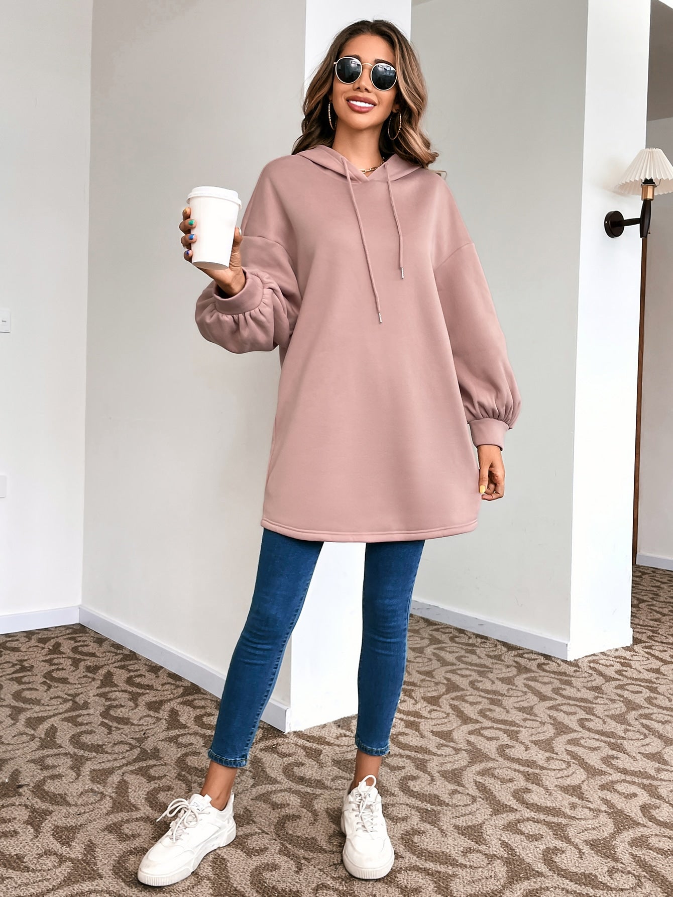 Puff Sleeves Long Hoddie _ Dusty Pink