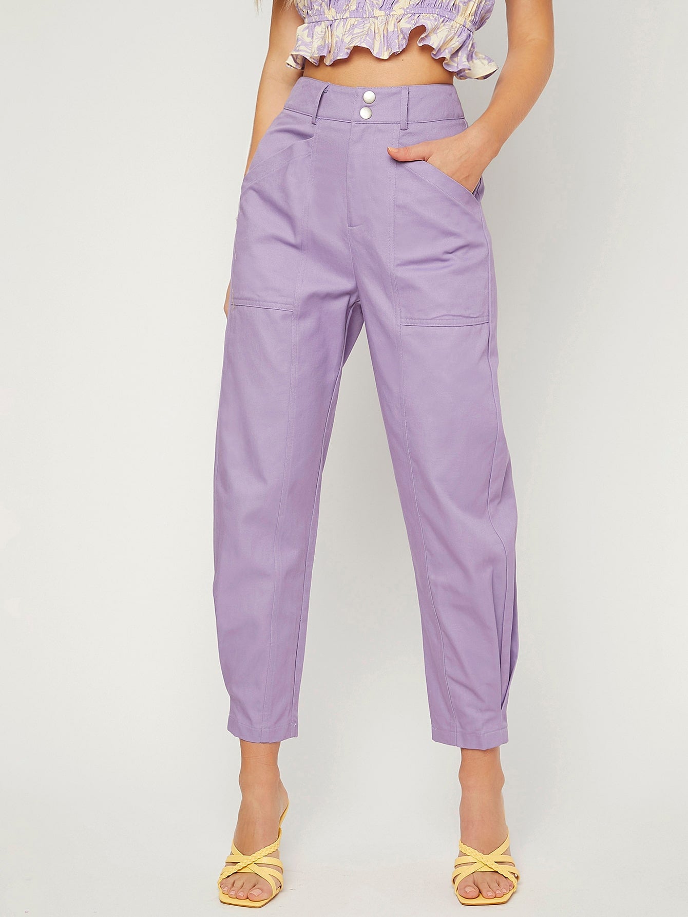 High Waist Flap Pocket Joggers Jeans - Lilac