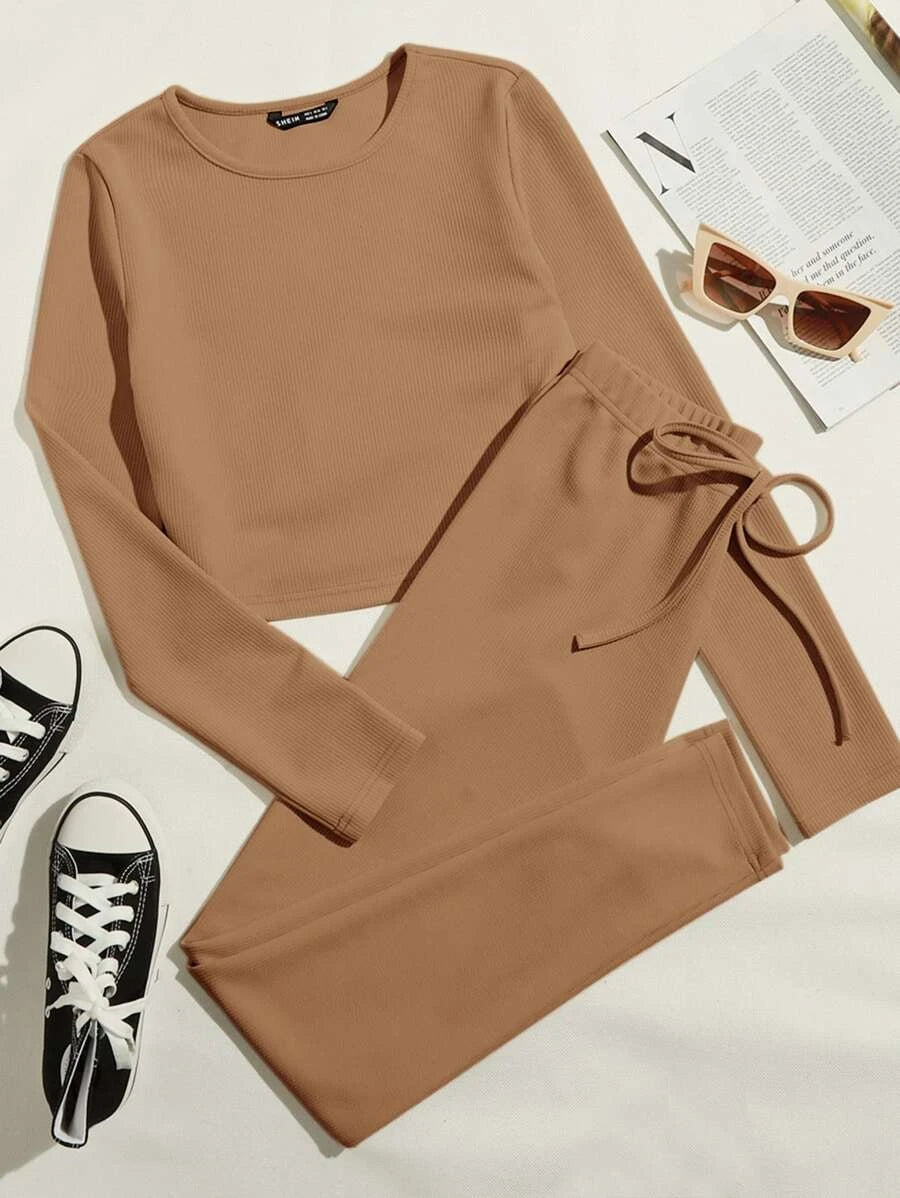 Rib Solid Top & Tie Waist Tracksuit Camel