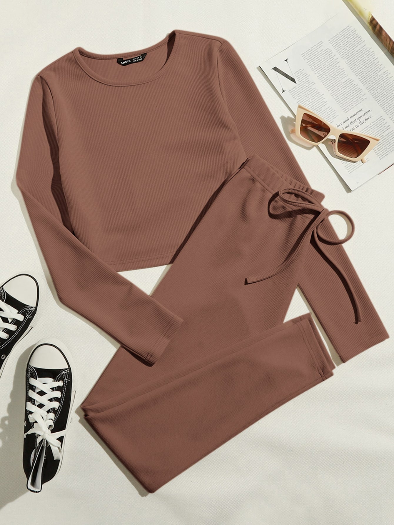 Rib Solid Top & Tie Waist Tracksuit Mocha Brown