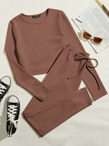 Rib Solid Top & Tie Waist Tracksuit Mocha Brown