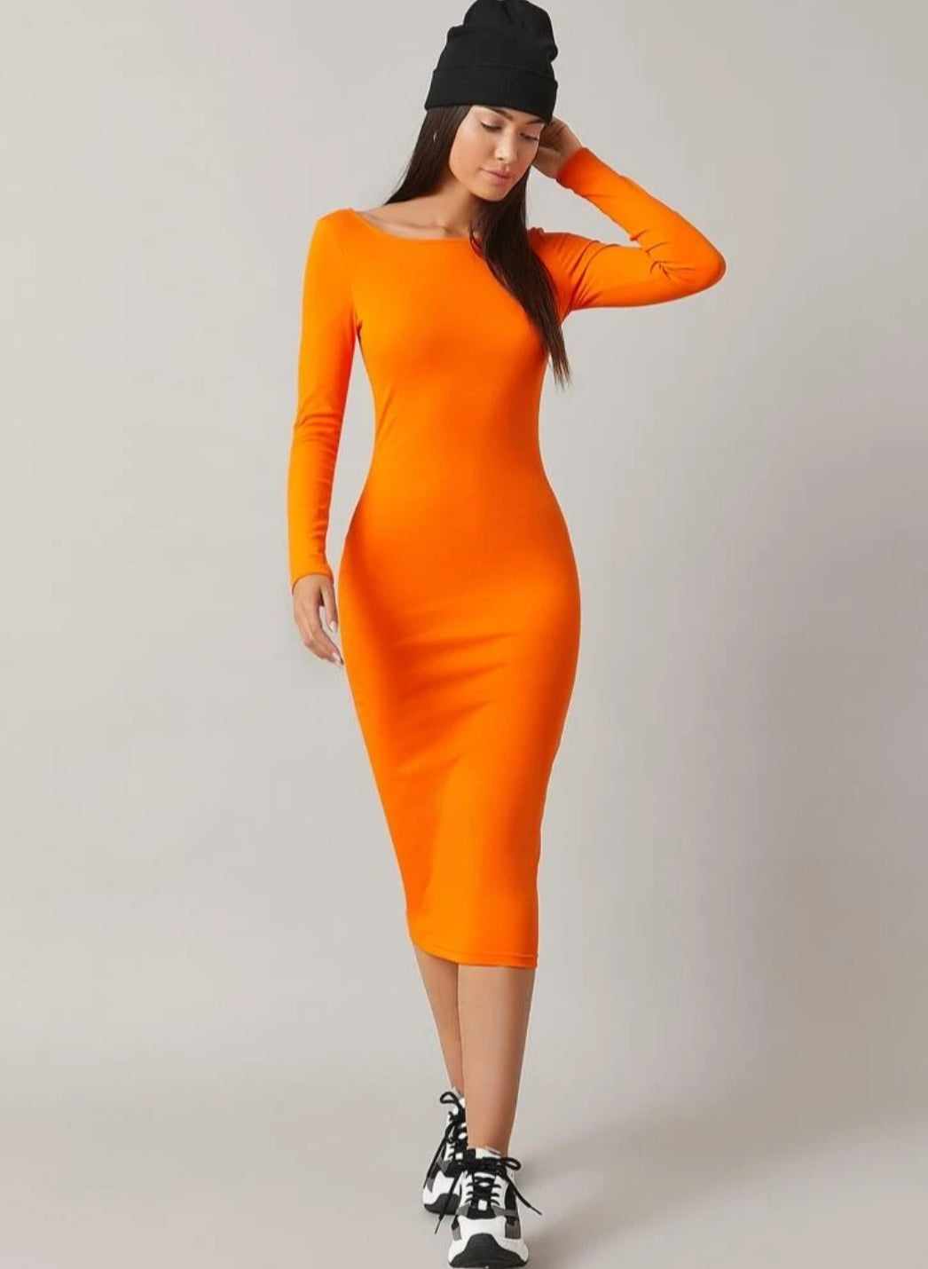 Round Neck Form Fitted Dress_ Orange