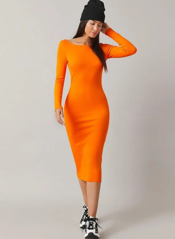Round Neck Form Fitted Dress_ Orange