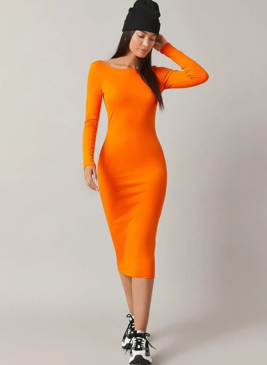 Round Neck Form Fitted Dress_ Orange