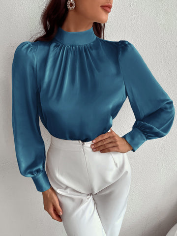 Satin Mock Neck Puff Sleeve Top_ Dusty Blue