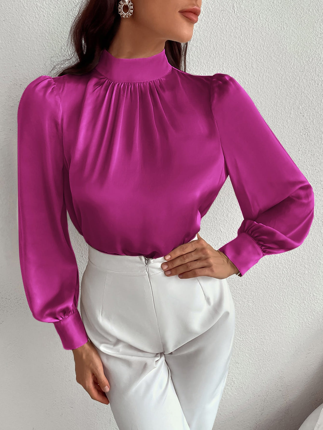 Satin Mock Neck Puff Sleeve Top_ Hot Pink