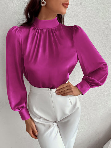 Satin Mock Neck Puff Sleeve Top_ Hot Pink