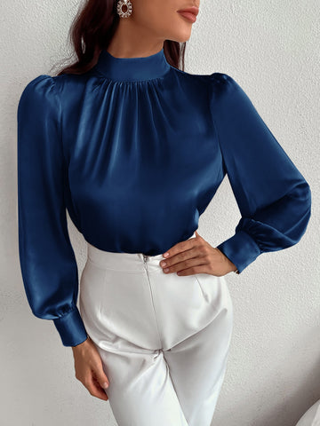 Satin Mock Neck Puff Sleeve Top_ Royal Blue