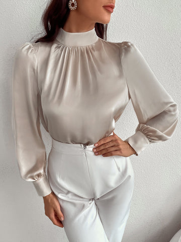 Satin Mock Neck Puff Sleeve Top_ White