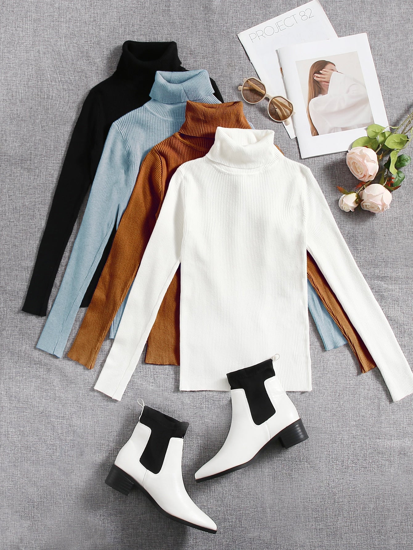 Set of turtle neck_ White Black Brown Sky Blue