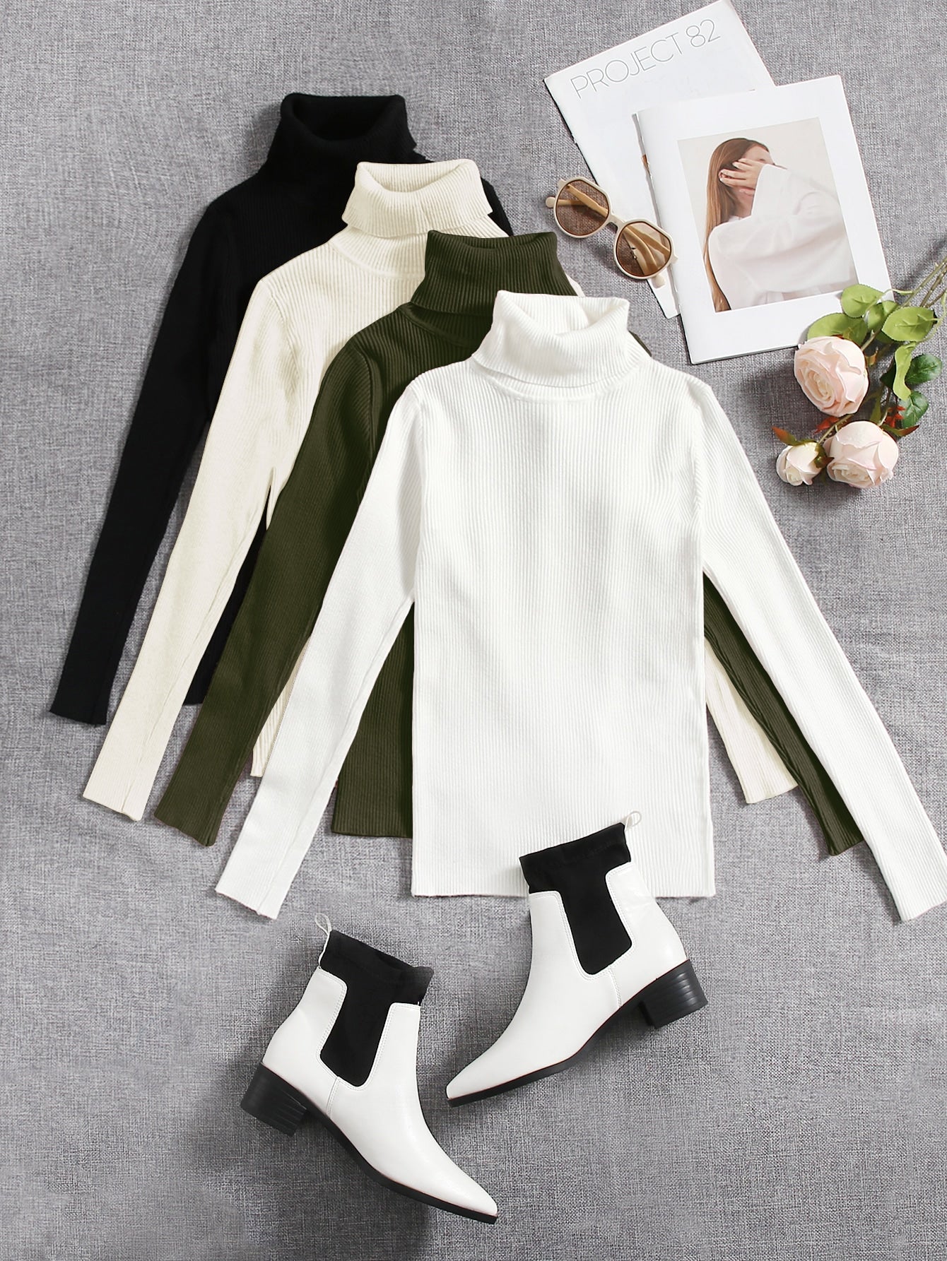 Set of turtle neck_ White Black White Green