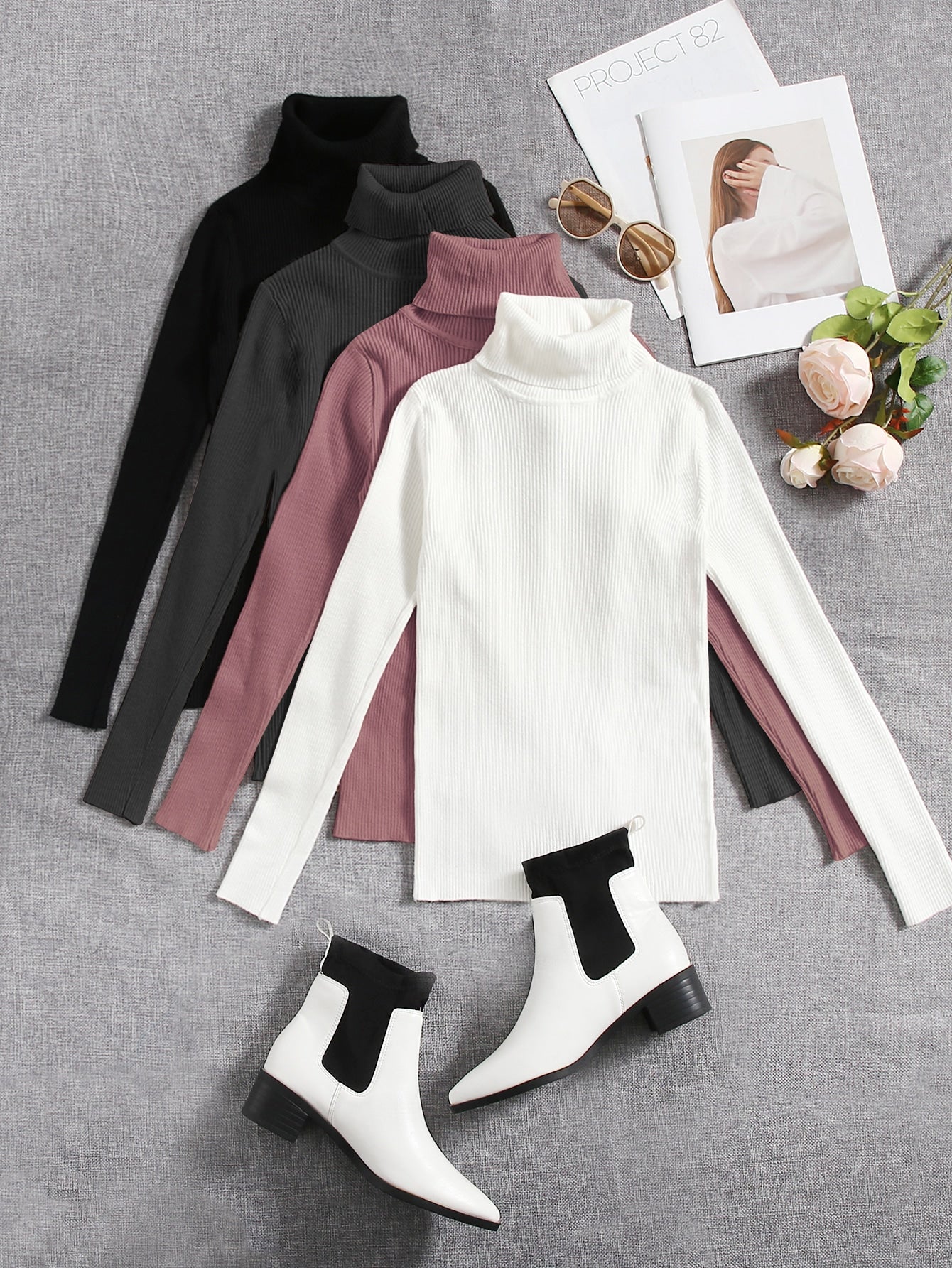 Set of turtle neck_ Pink Black White Grey