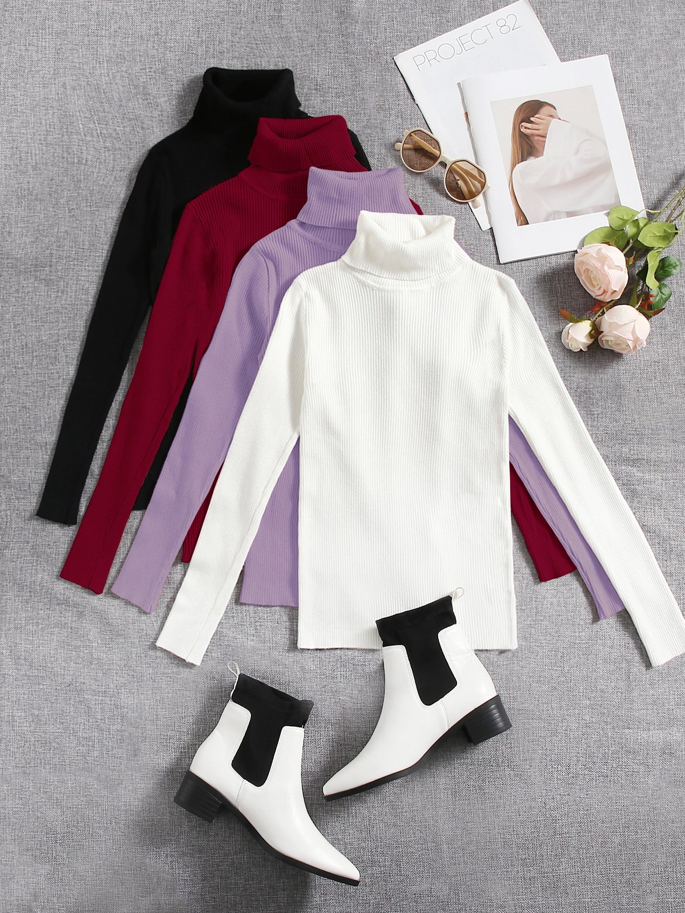 Set of turtle neck_Maroon Black White Purple