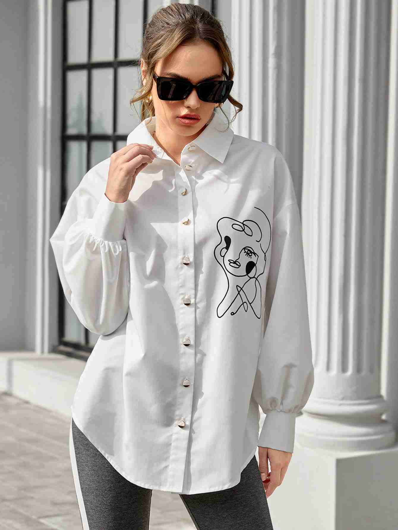 Side Abstract Face Button Up Shirt_White