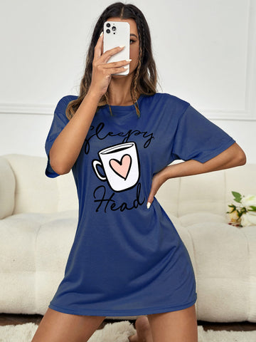 Sleepy Coffee Print Night Dress _ Blue