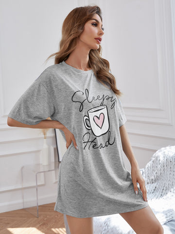 Sleepy Coffee Print Night Dress _ Grey