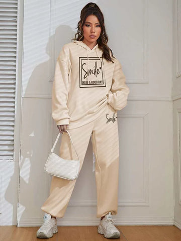 Slogan Graphic Drop Shoulder Drawstring Tracksuit-Beige