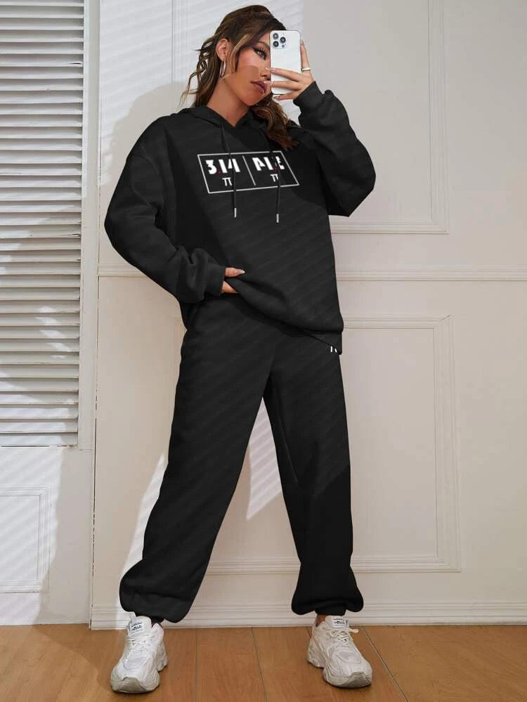 Slogan Graphic Drop Shoulder Drawstring Tracksuit-Black