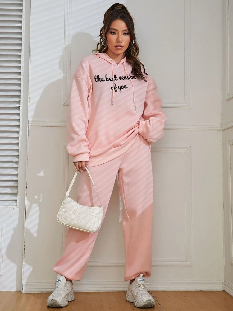 Slogan Graphic Drop Shoulder Drawstring Tracksuit-Pink
